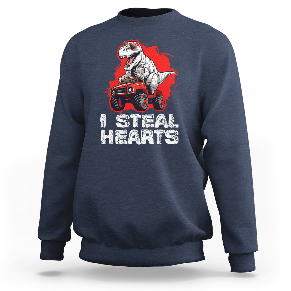 Valentine's Day Sweatshirt I Steal Hearts Cool Dinosaur Riding Monster Truck TS09 Navy Printyourwear