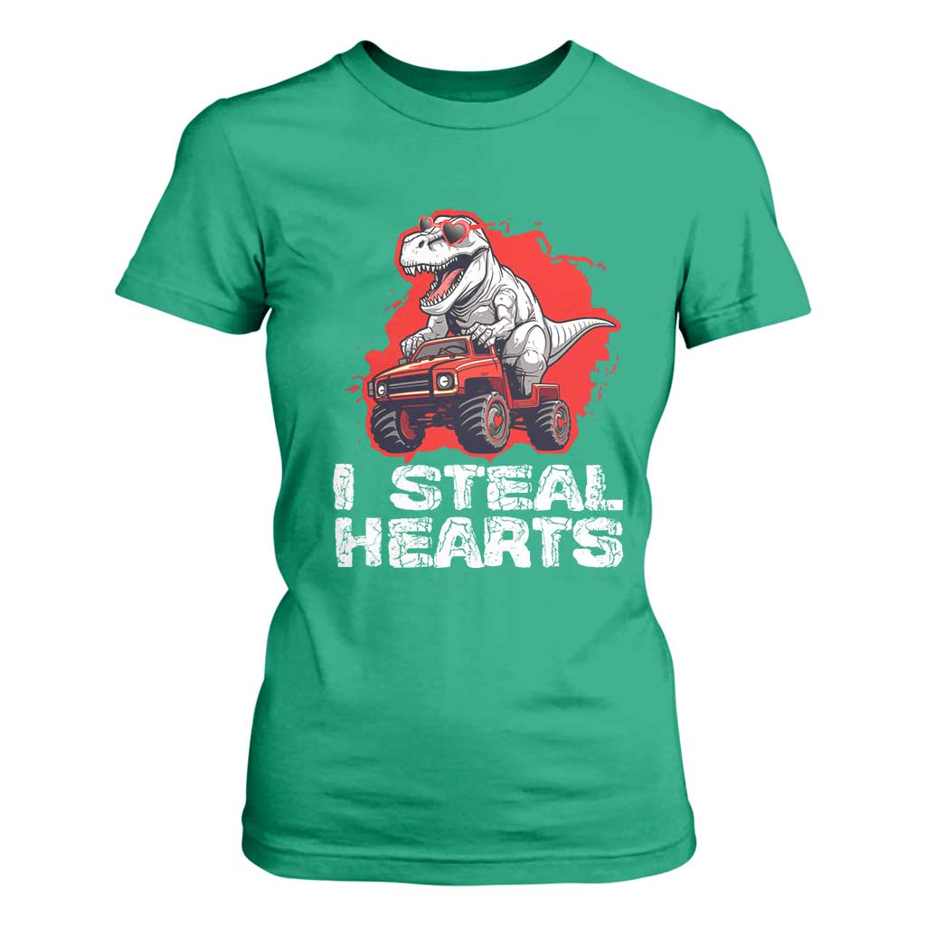 Valentine's Day T Shirt For Women I Steal Hearts Cool Dinosaur Riding Monster Truck TS09 Irish Green Print Your Wear