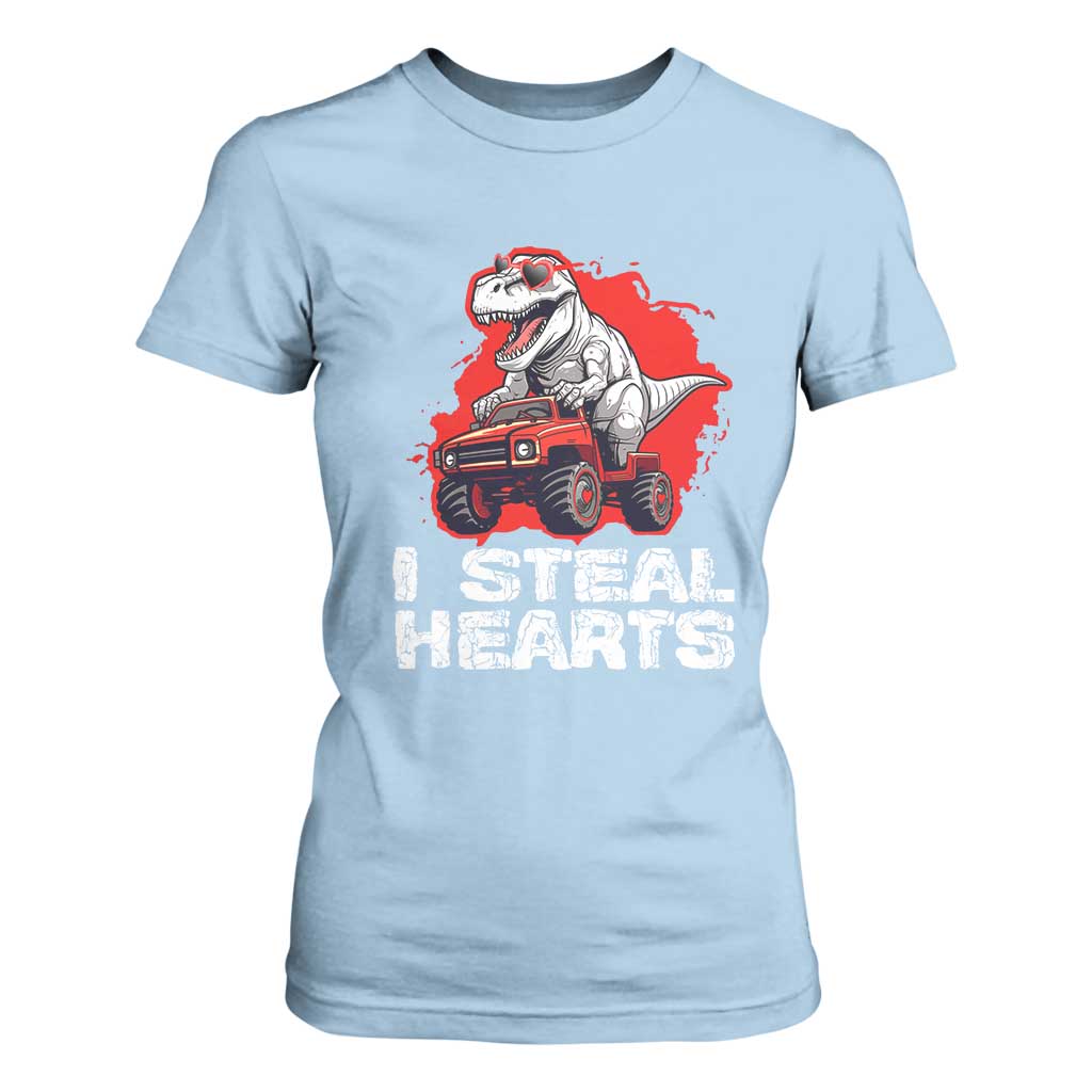 Valentine's Day T Shirt For Women I Steal Hearts Cool Dinosaur Riding Monster Truck TS09 Light Blue Print Your Wear