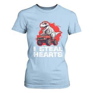 Valentine's Day T Shirt For Women I Steal Hearts Cool Dinosaur Riding Monster Truck TS09 Light Blue Print Your Wear