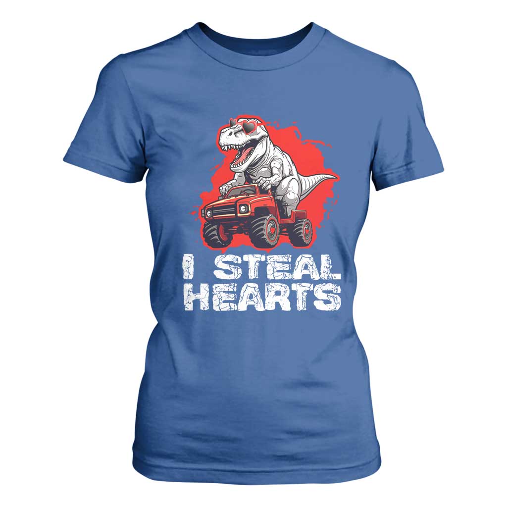 Valentine's Day T Shirt For Women I Steal Hearts Cool Dinosaur Riding Monster Truck TS09 Royal Blue Print Your Wear