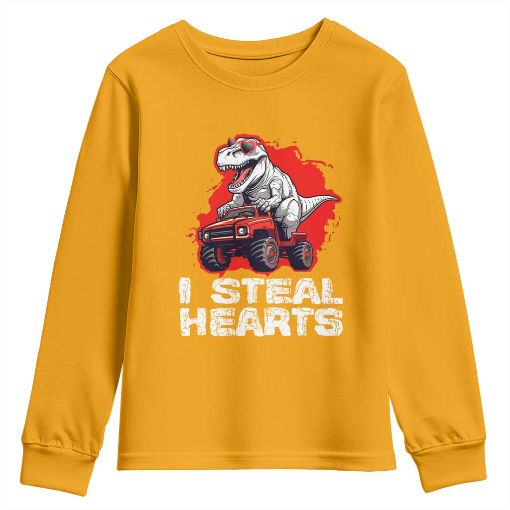 Valentine's Day Youth Sweatshirt I Steal Hearts Cool Dinosaur Riding Monster Truck TS09 Gold Print Your Wear