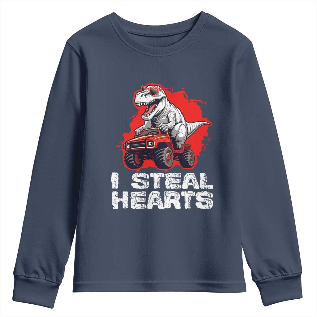 Valentine's Day Youth Sweatshirt I Steal Hearts Cool Dinosaur Riding Monster Truck TS09 Navy Print Your Wear