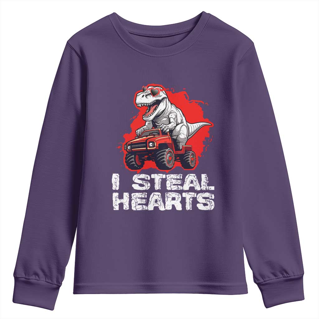 Valentine's Day Youth Sweatshirt I Steal Hearts Cool Dinosaur Riding Monster Truck TS09 Purple Print Your Wear