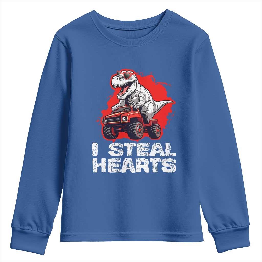Valentine's Day Youth Sweatshirt I Steal Hearts Cool Dinosaur Riding Monster Truck TS09 Royal Blue Print Your Wear
