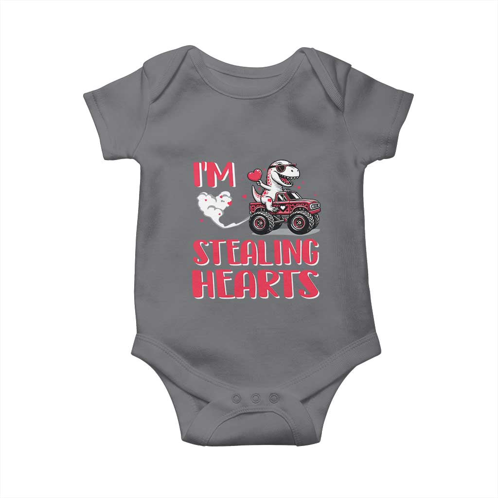 Valentine's Day Baby Onesie I Steal Hearts Cute Dinosaur Riding Monster Truck TS09 Charcoal Print Your Wear