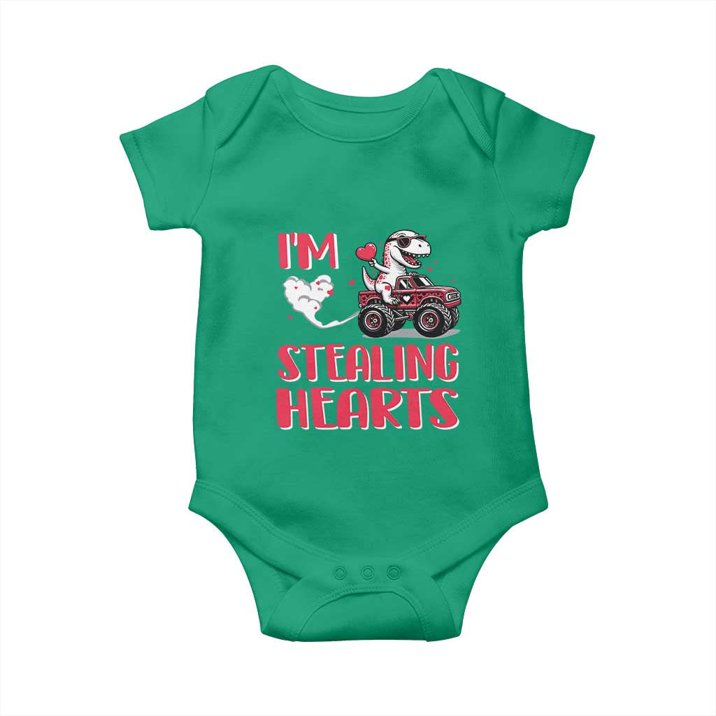 Valentine's Day Baby Onesie I Steal Hearts Cute Dinosaur Riding Monster Truck TS09 Irish Green Print Your Wear