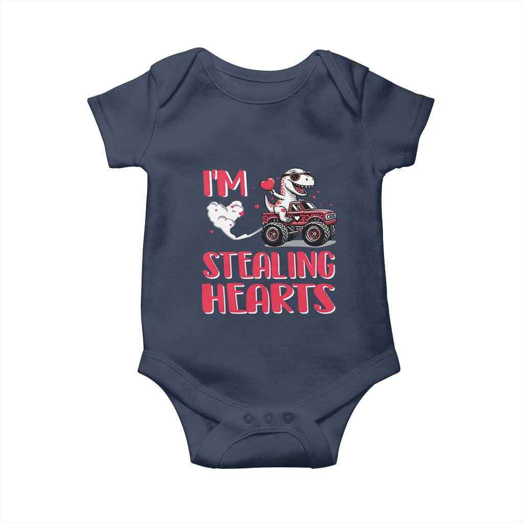 Valentine's Day Baby Onesie I Steal Hearts Cute Dinosaur Riding Monster Truck TS09 Navy Print Your Wear