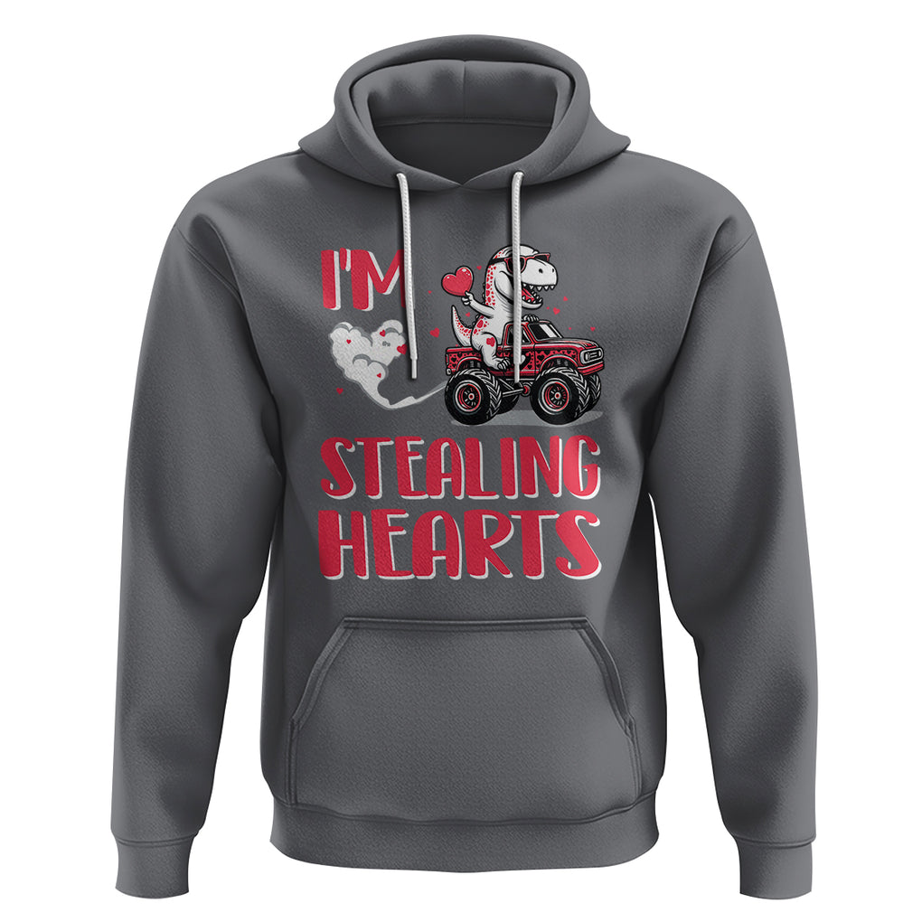 Valentine's Day Hoodie I Steal Hearts Cute Dinosaur Riding Monster Truck TS09 Charcoal Printyourwear