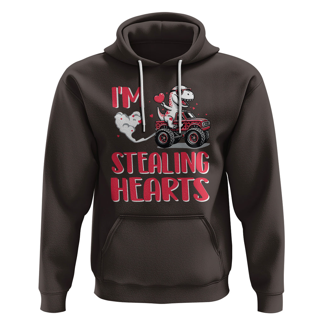 Valentine's Day Hoodie I Steal Hearts Cute Dinosaur Riding Monster Truck TS09 Dark Chocolate Printyourwear