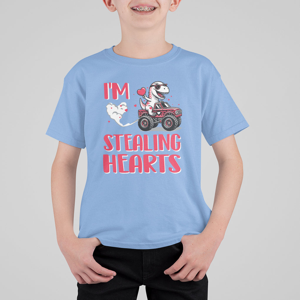 Valentine's Day T Shirt For Kid I Steal Hearts Cute Dinosaur Riding Monster Truck TS09 Carolina Blue Printyourwear