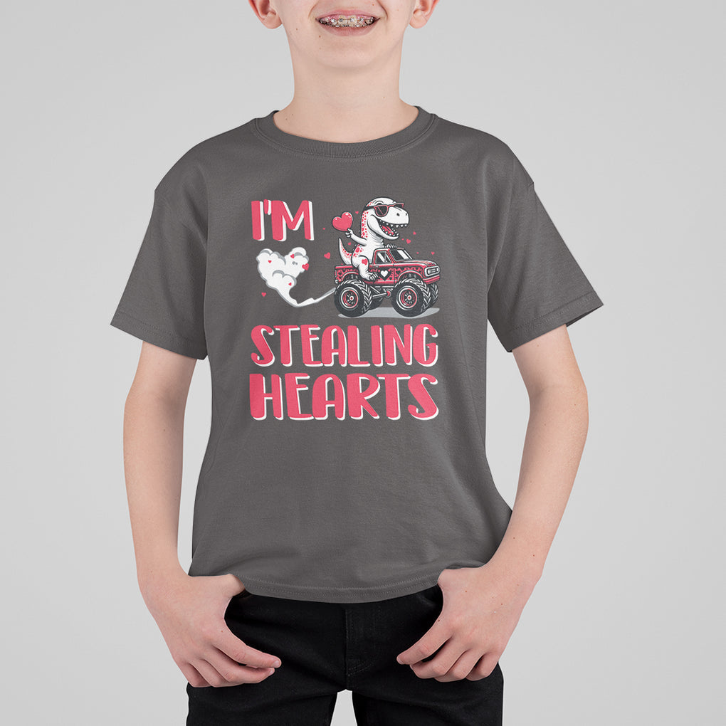 Valentine's Day T Shirt For Kid I Steal Hearts Cute Dinosaur Riding Monster Truck TS09 Dark Chocolate Printyourwear