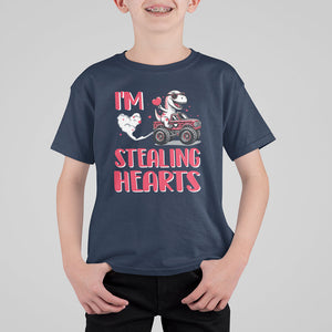 Valentine's Day T Shirt For Kid I Steal Hearts Cute Dinosaur Riding Monster Truck TS09 Navy Printyourwear