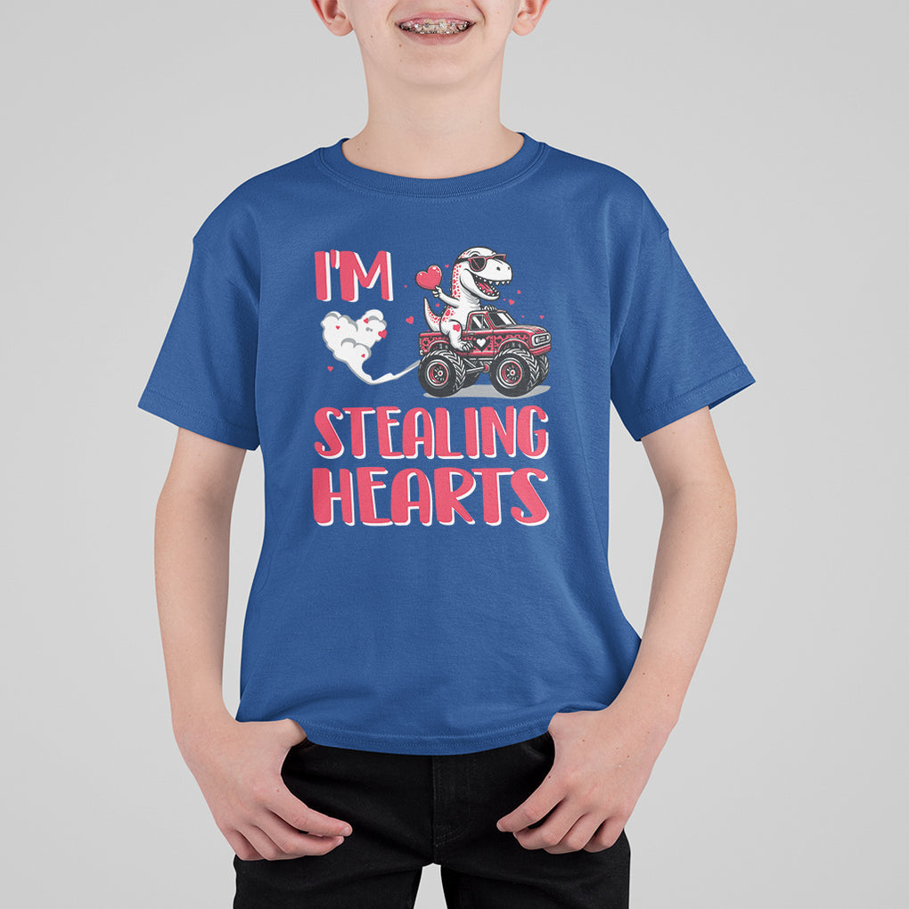 Valentine's Day T Shirt For Kid I Steal Hearts Cute Dinosaur Riding Monster Truck TS09 Royal Blue Printyourwear