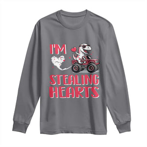 Valentine's Day Long Sleeve Shirt I Steal Hearts Cute Dinosaur Riding Monster Truck TS09 Charcoal Print Your Wear