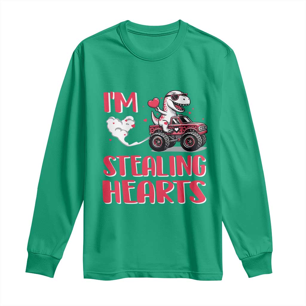 Valentine's Day Long Sleeve Shirt I Steal Hearts Cute Dinosaur Riding Monster Truck TS09 Irish Green Print Your Wear