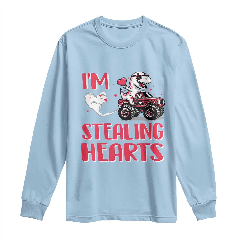 Valentine's Day Long Sleeve Shirt I Steal Hearts Cute Dinosaur Riding Monster Truck TS09 Light Blue Print Your Wear