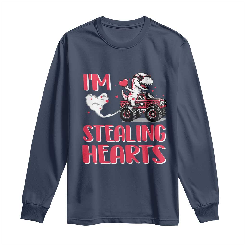Valentine's Day Long Sleeve Shirt I Steal Hearts Cute Dinosaur Riding Monster Truck TS09 Navy Print Your Wear