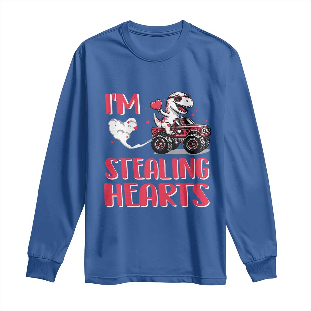 Valentine's Day Long Sleeve Shirt I Steal Hearts Cute Dinosaur Riding Monster Truck TS09 Royal Blue Print Your Wear