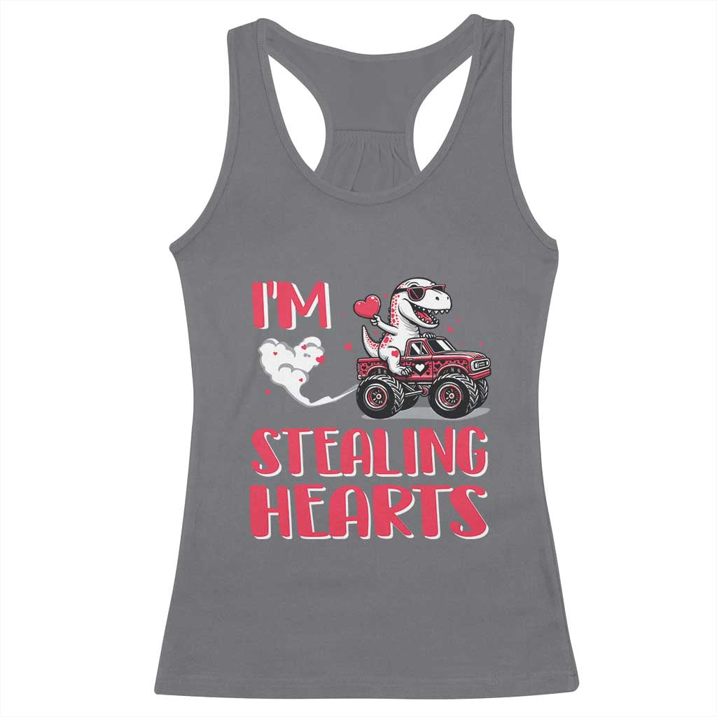 Valentine's Day Racerback Tank Top I Steal Hearts Cute Dinosaur Riding Monster Truck TS09 Charcoal Print Your Wear