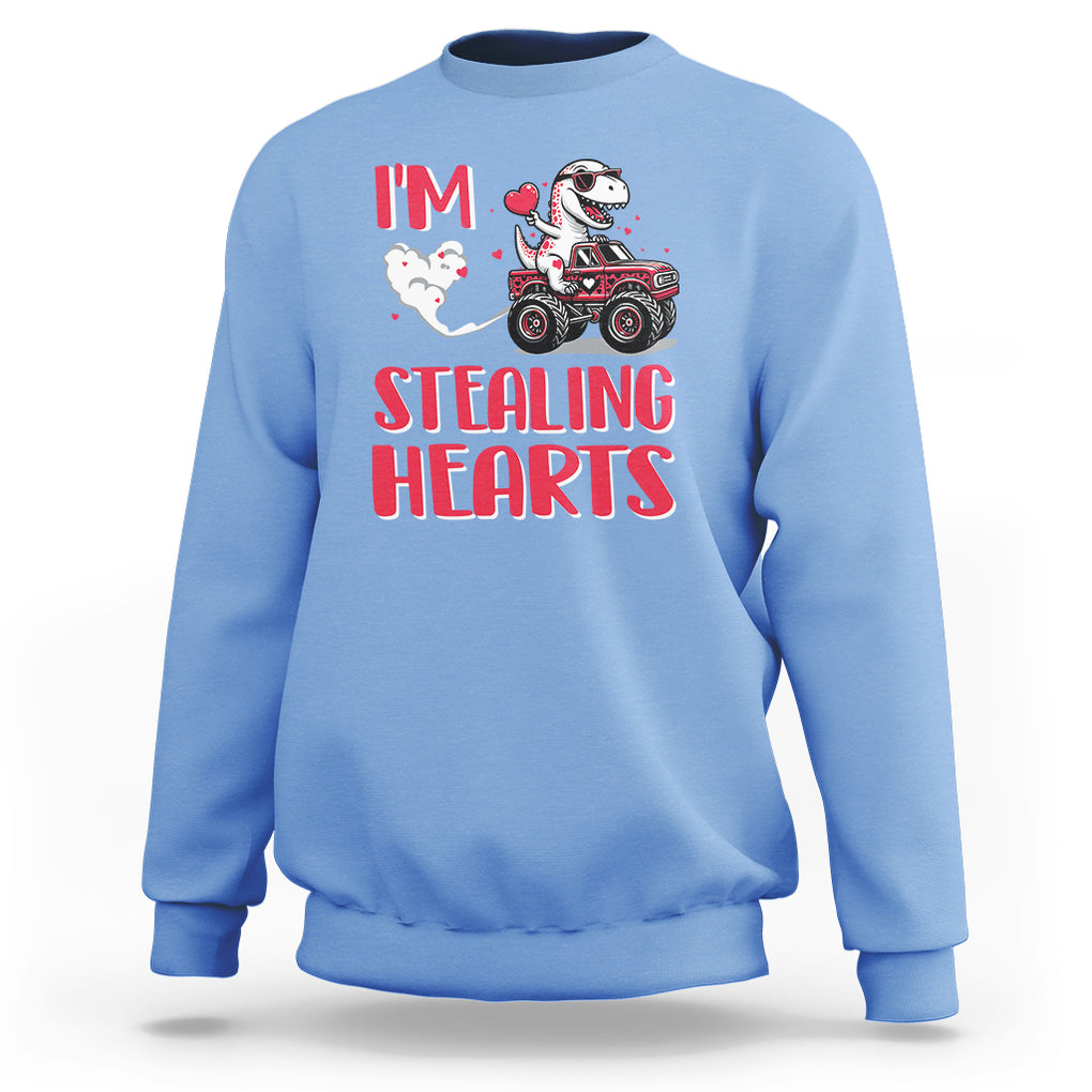 Valentine's Day Sweatshirt I Steal Hearts Cute Dinosaur Riding Monster Truck TS09 Carolina Blue Printyourwear