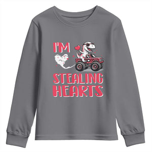 Valentine's Day Youth Sweatshirt I Steal Hearts Cute Dinosaur Riding Monster Truck TS09 Charcoal Print Your Wear