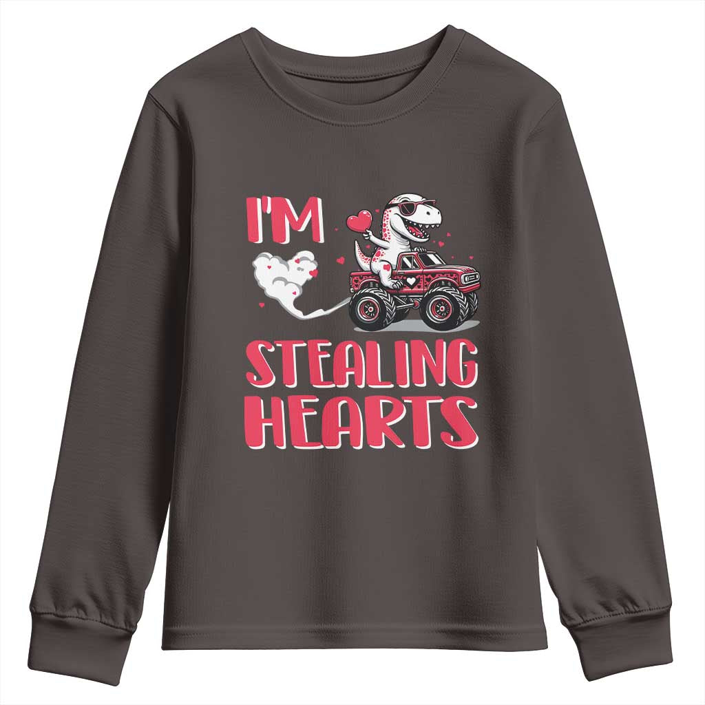Valentine's Day Youth Sweatshirt I Steal Hearts Cute Dinosaur Riding Monster Truck TS09 Dark Chocolate Print Your Wear