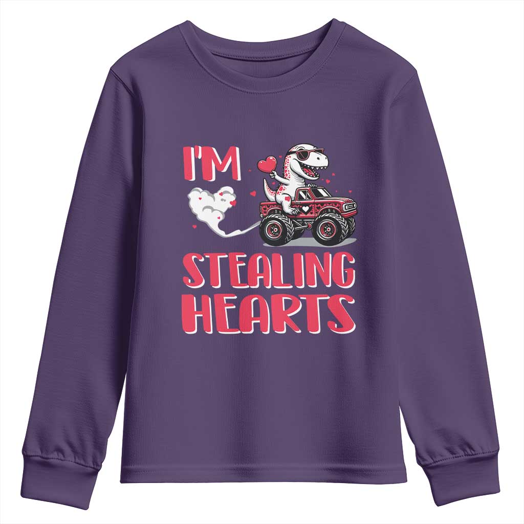 Valentine's Day Youth Sweatshirt I Steal Hearts Cute Dinosaur Riding Monster Truck TS09 Purple Print Your Wear