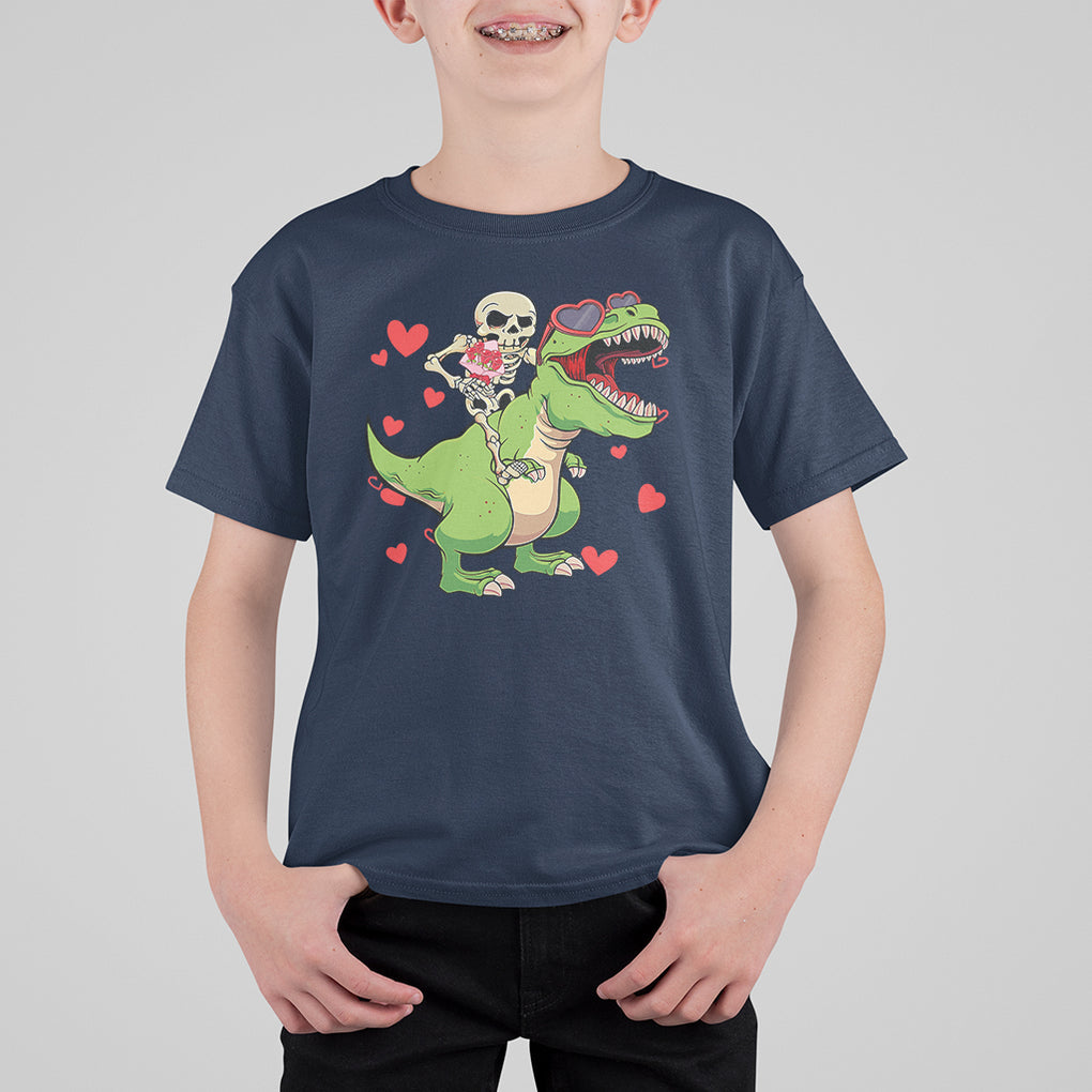 Valentine's Day T Shirt For Kid Skeleton Riding Dinosaur Rose Bouquet TS09 Navy Printyourwear