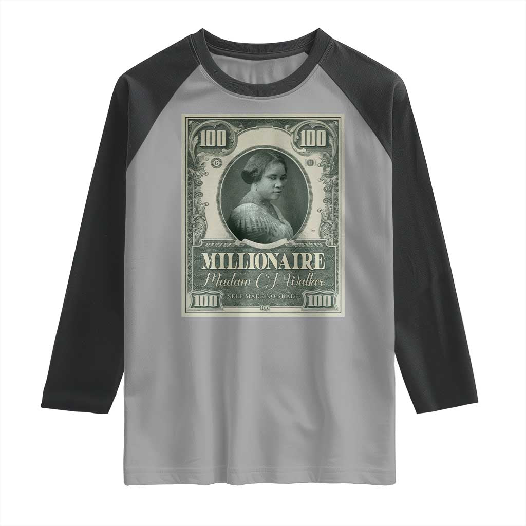 Madam C.J. Walker Raglan Shirt Millionaire Black Women Pride TS09 Sport Gray Black Print Your Wear