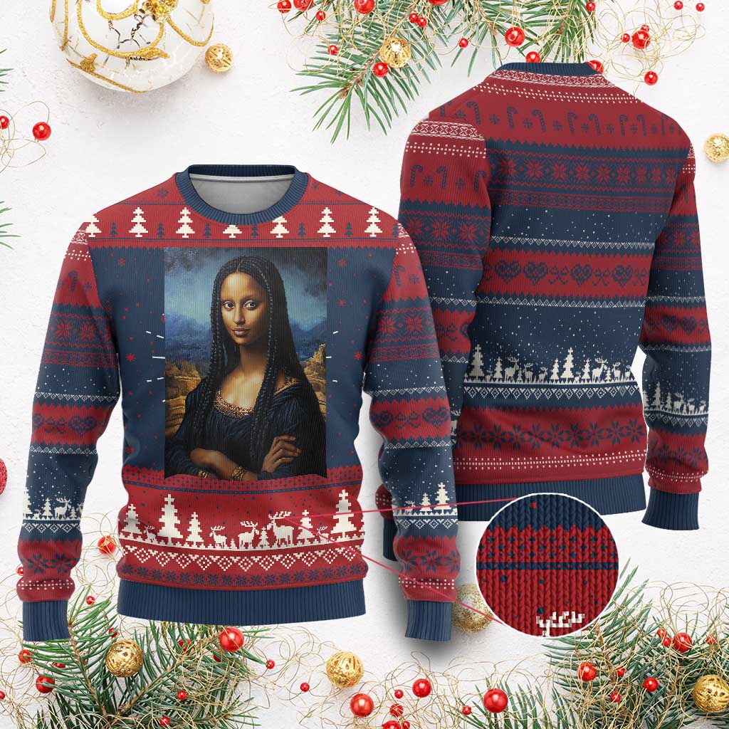 Black Women Pride Ugly Christmas Sweater Melanin Mona Lisa Afro Queen Aesthetic Black History TS09 Burgundy Print Your Wear
