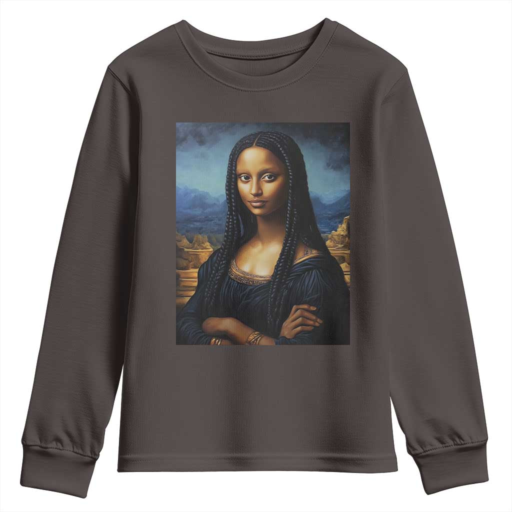 Black Women Pride Youth Sweatshirt Melanin Mona Lisa Afro Queen Aesthetic Black History TS09 Dark Chocolate Print Your Wear