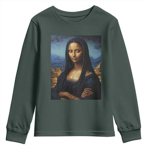 Black Women Pride Youth Sweatshirt Melanin Mona Lisa Afro Queen Aesthetic Black History TS09 Dark Forest Green Print Your Wear
