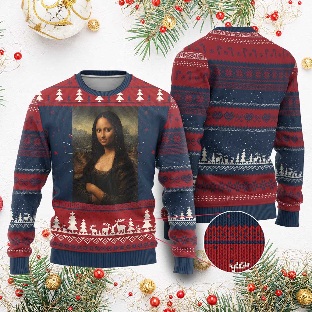 Black Mona Lisa Ugly Christmas Sweater Melanin Pretty Aesthetic Black History TS09 Burgundy Print Your Wear