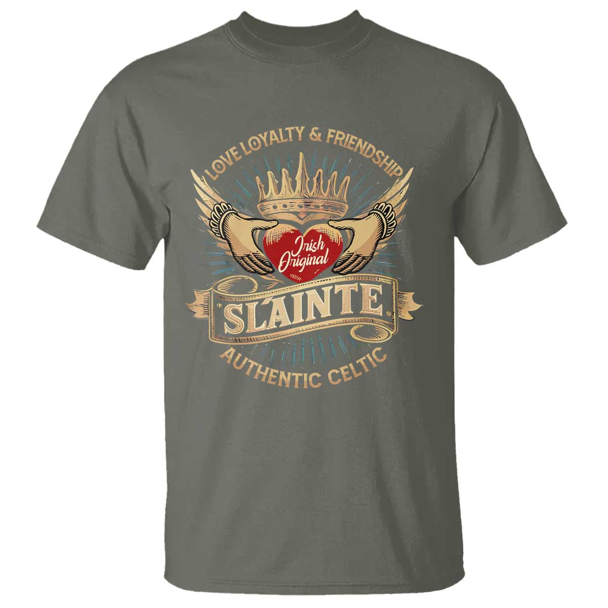 Celtic Claddagh T Shirt Love Loyalty Friendship Slainte TS09 Military Green Print Your Wear