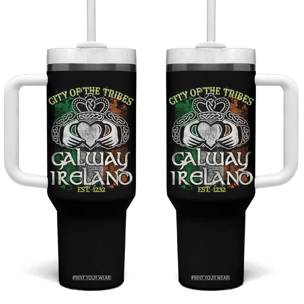 Galway Ireland Tumbler With Handle City Of The Tribes Est 1232 TS09 One Size: 40 oz Black Print Your Wear