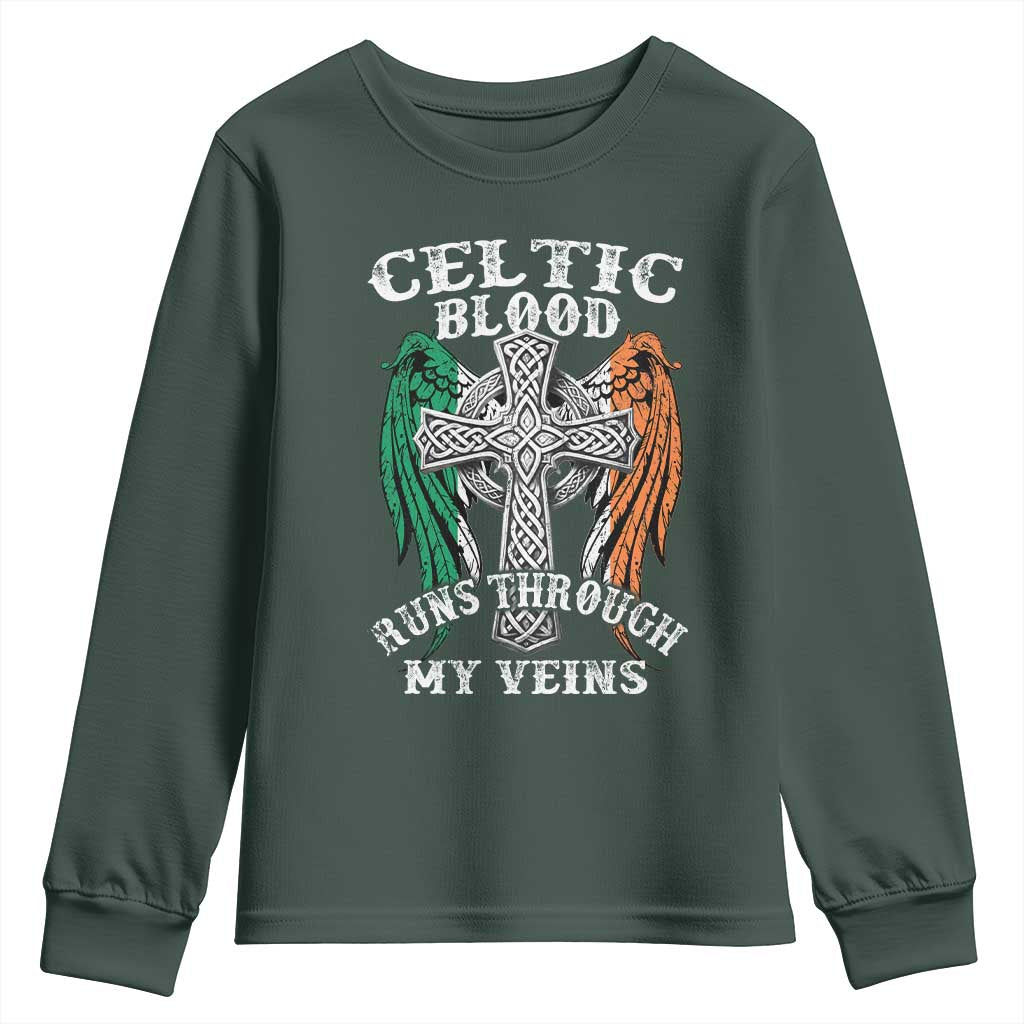 Irish Celtic Pride Youth Sweatshirt Celtic Blood Runs Through My Veins TS09 Dark Forest Green Print Your Wear
