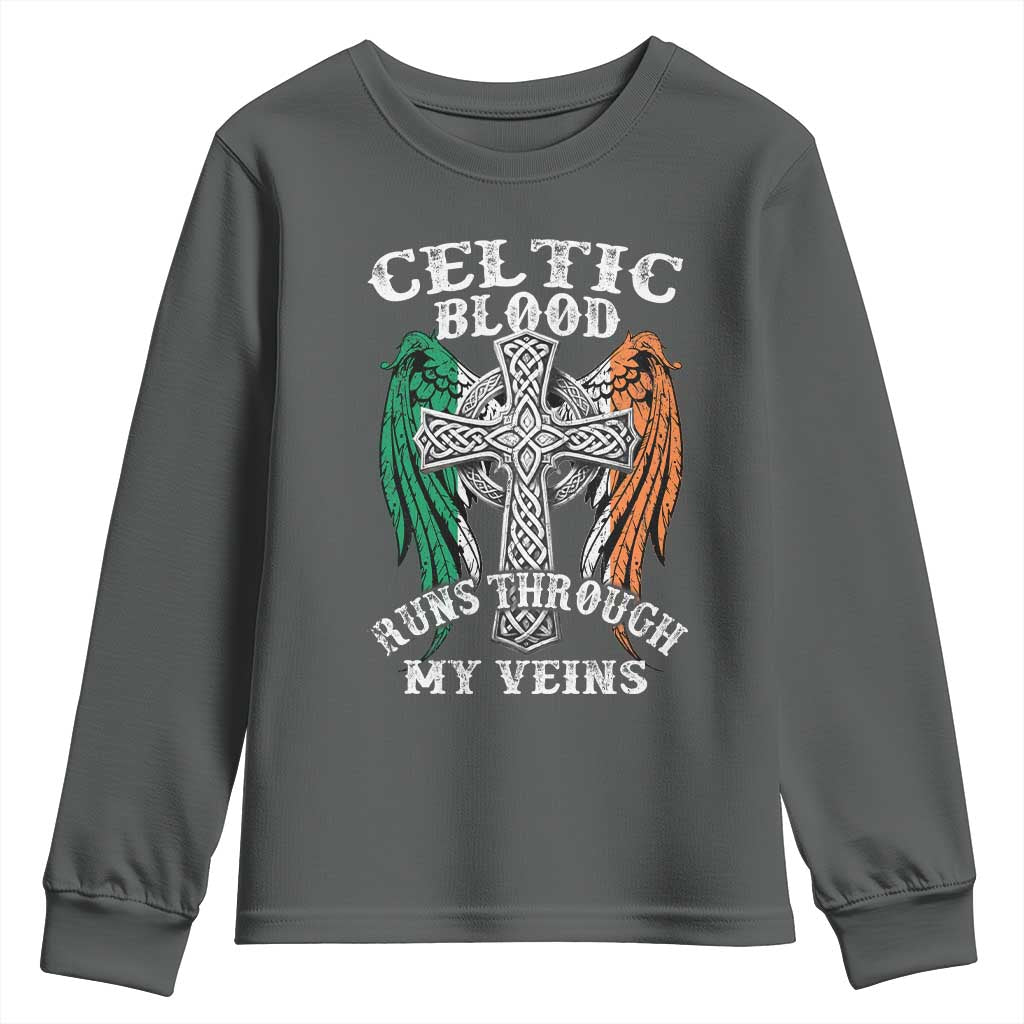 Irish Celtic Pride Youth Sweatshirt Celtic Blood Runs Through My Veins TS09 Dark Heather Print Your Wear