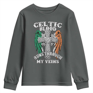 Irish Celtic Pride Youth Sweatshirt Celtic Blood Runs Through My Veins TS09 Dark Heather Print Your Wear