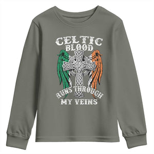 Irish Celtic Pride Youth Sweatshirt Celtic Blood Runs Through My Veins TS09 Military Green Print Your Wear
