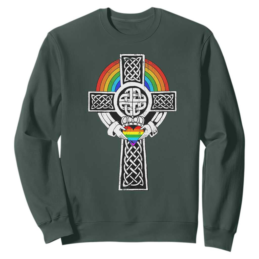 Rainbow Celtic Claddagh Cross Sweatshirt TS09 Dark Forest Green Print Your Wear
