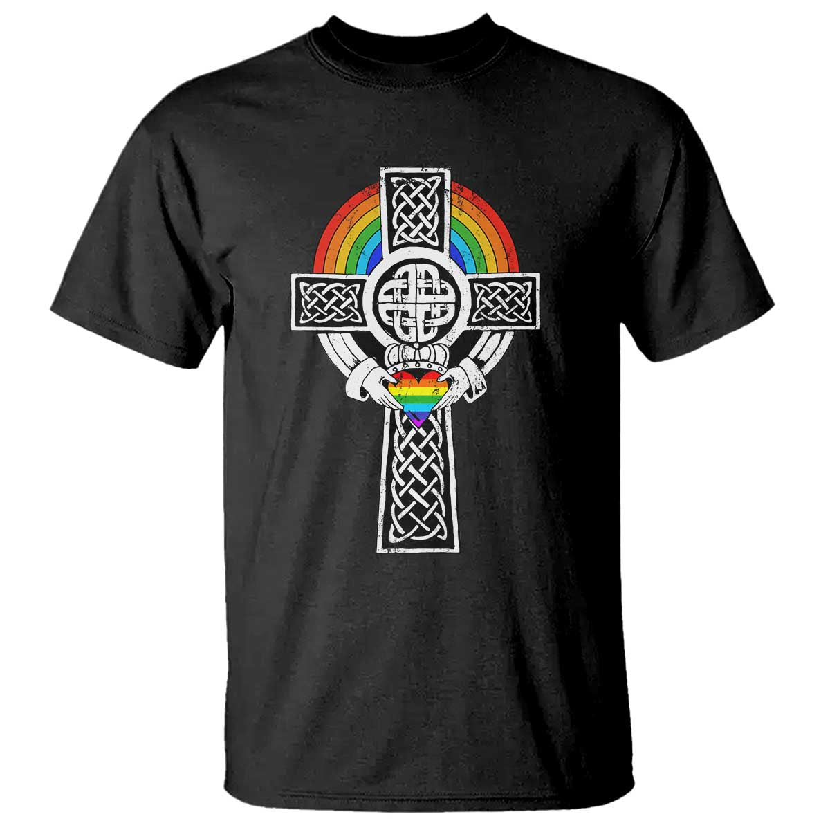Rainbow Celtic Claddagh Cross T Shirt TS09 Black Print Your Wear