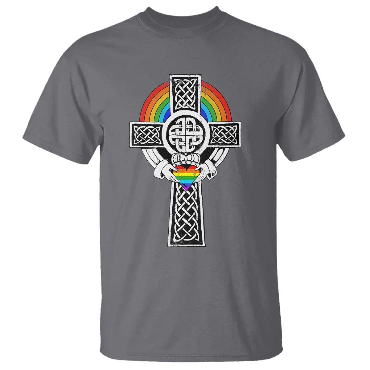 Rainbow Celtic Claddagh Cross T Shirt TS09 Charcoal Print Your Wear