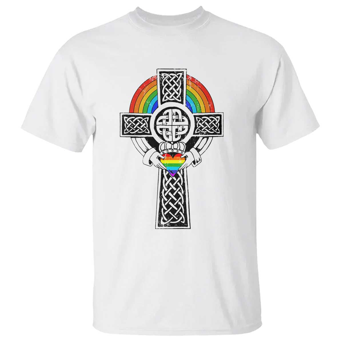 Rainbow Celtic Claddagh Cross T Shirt TS09 White Print Your Wear