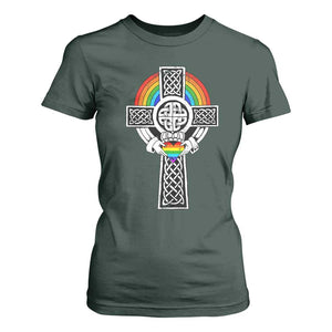Rainbow Celtic Claddagh Cross T Shirt For Women TS09 Dark Forest Green Print Your Wear