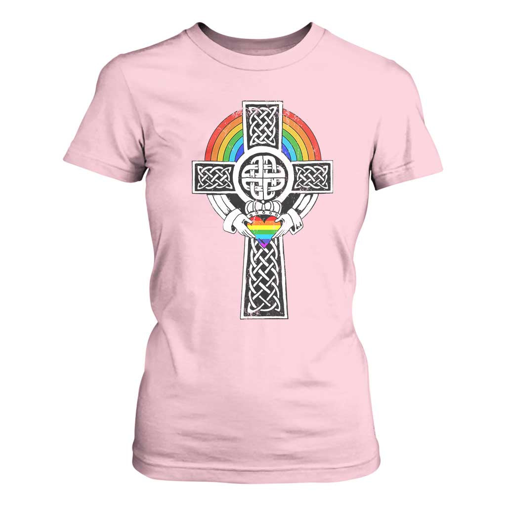 Rainbow Celtic Claddagh Cross T Shirt For Women TS09 Light Pink Print Your Wear