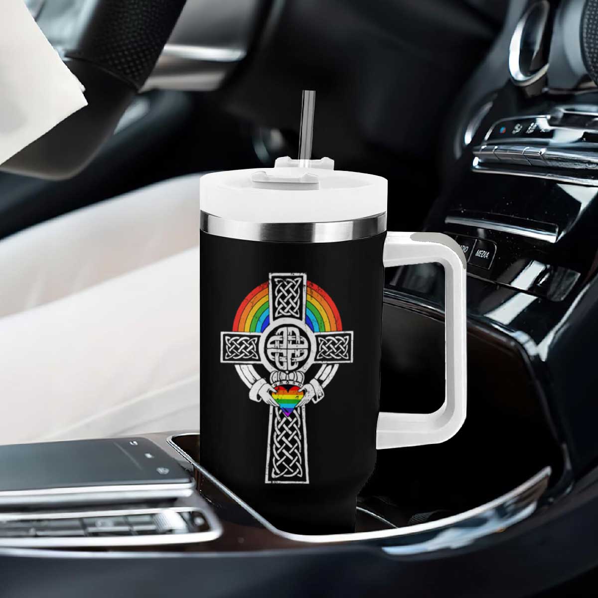 Rainbow Celtic Claddagh Cross Tumbler With Handle TS09 Print Your Wear