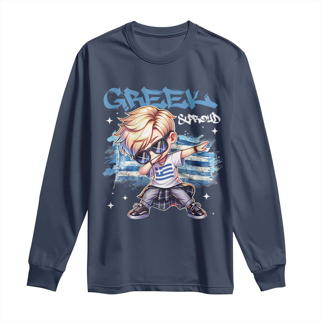 Funny Greek Boy Long Sleeve Shirt Greek And Proud Dabbing TS09 Navy Print Your Wear
