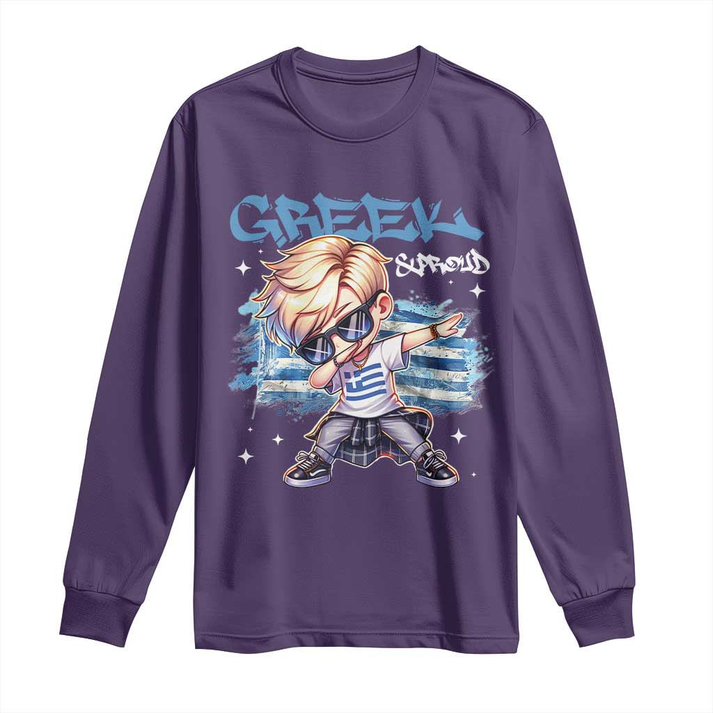 Funny Greek Boy Long Sleeve Shirt Greek And Proud Dabbing TS09 Purple Print Your Wear