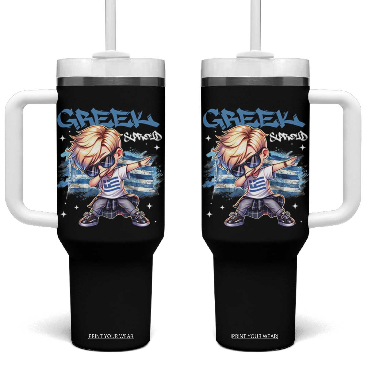 Funny Greek Boy Tumbler With Handle Greek And Proud Dabbing TS09 One Size: 40 oz Black Print Your Wear